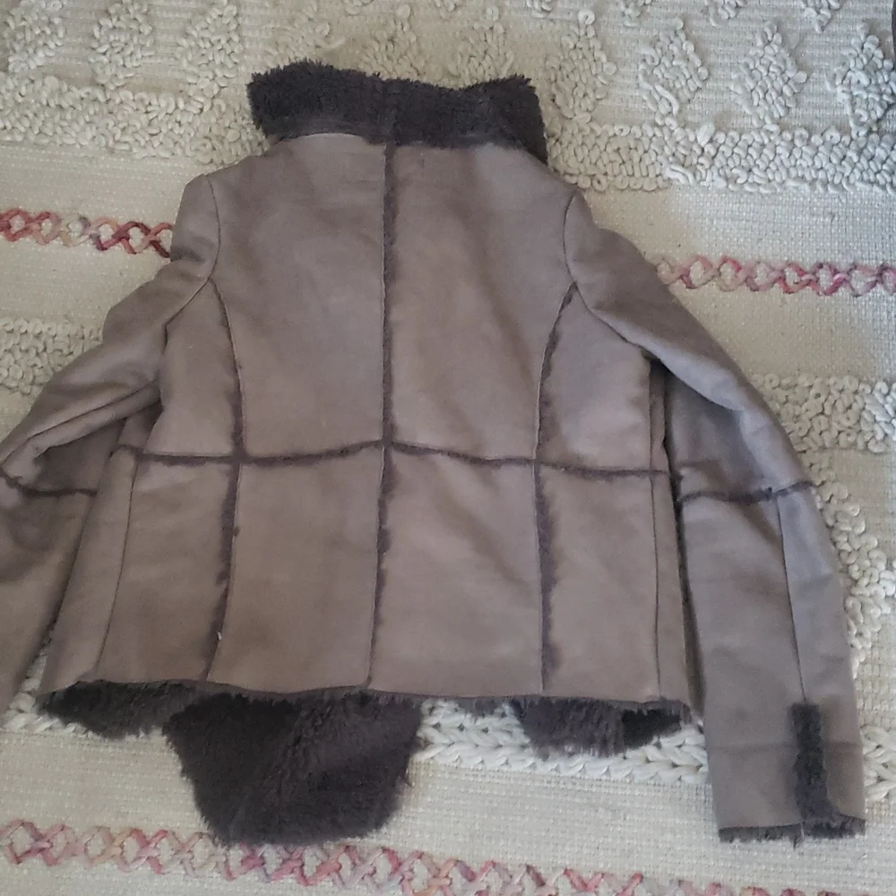 Women’s Taupe Faux-Suede Asymmetrical Coat with Black Faux-Fur Trim - Picture 11 of 11